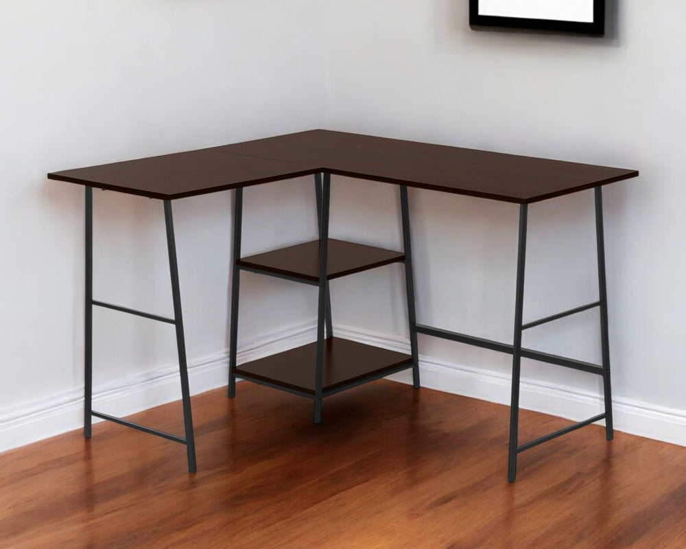 Homeroots 42" Espresso And Black Corner Trestle Computer Desk - Stylish, Space-saving, Durable Office Solution   489992