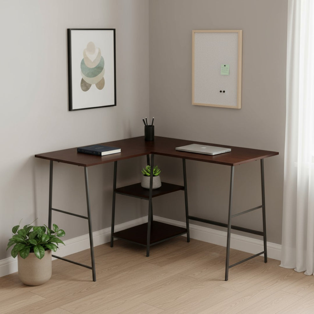 HomeRoots 42" Espresso Corner Trestle Computer Desk with Open Shelving - Space-Saving Modern Workspace Solution 489992