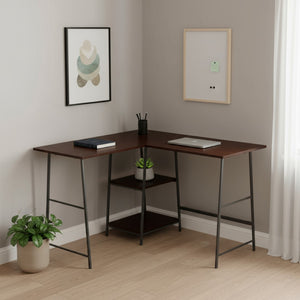 HomeRoots 42" Espresso Corner Trestle Computer Desk with Open Shelving - Space-Saving Modern Workspace Solution 489992