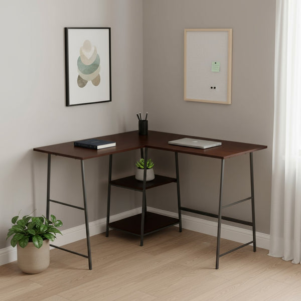 HomeRoots 42" Espresso Corner Trestle Computer Desk with Open Shelving - Space-Saving Modern Workspace Solution 489992