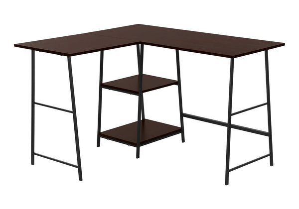 HomeRoots 42" Espresso Corner Trestle Computer Desk with Open Shelving - Space-Saving Modern Workspace Solution 489992