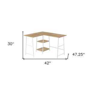 Homeroots 42" Natural & White Wood Metal Corner Trestle Desk - Stylish Space-saving Design For Home Office   489993
