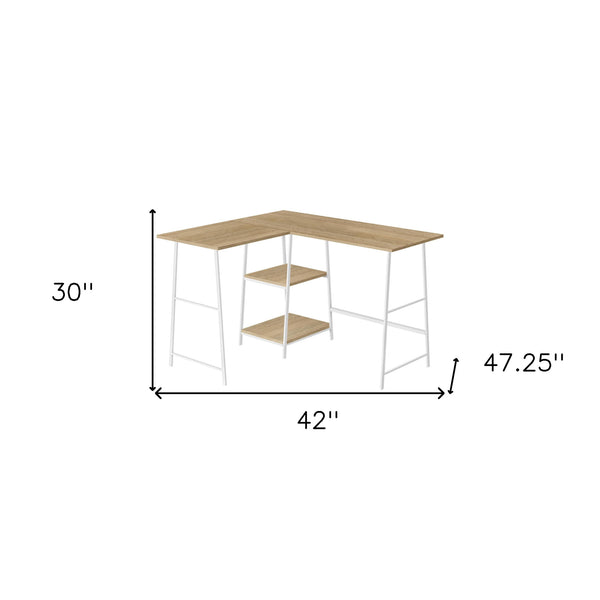 Homeroots 42" Natural & White Wood Metal Corner Trestle Desk - Stylish Space-saving Design For Home Office   489993