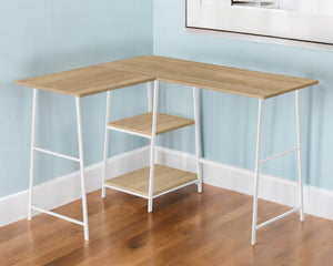 Homeroots 42" Natural & White Wood Metal Corner Trestle Desk - Stylish Space-saving Design For Home Office   489993