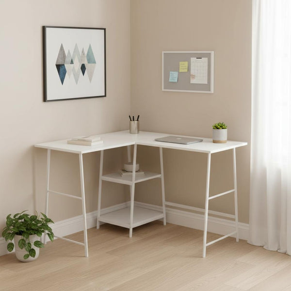 HomeRoots 42" White Wood and Metal Corner Trestle Desk – Stylish Space-Saving Workstation for Modern Homes 489994