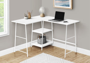 HomeRoots 42" White Wood and Metal Corner Trestle Desk – Stylish Space-Saving Workstation for Modern Homes 489994