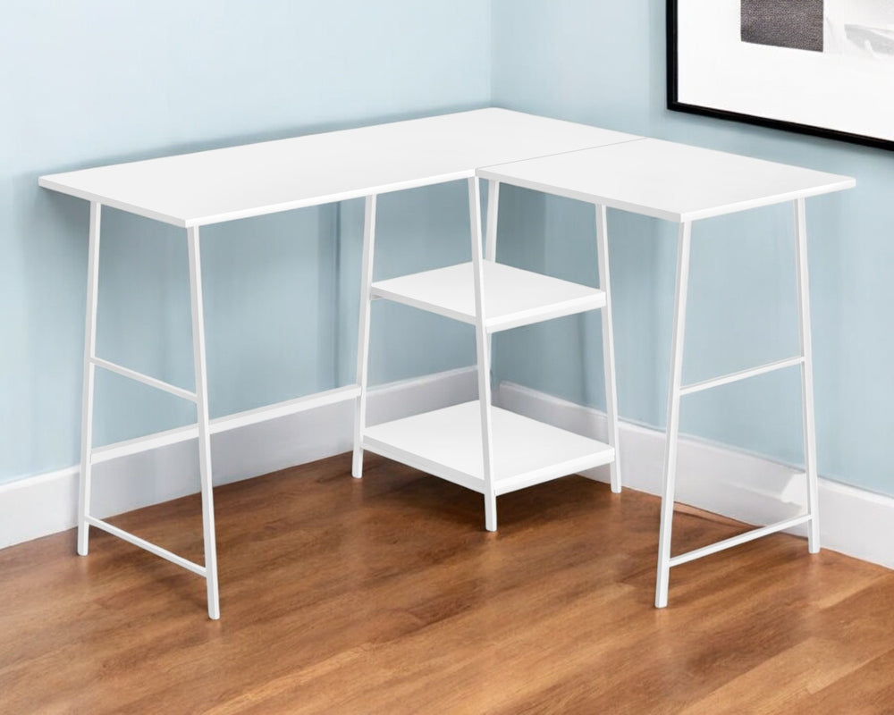Homeroots 42" White Wood & Metal Corner Trestle Computer Desk - Stylish Space-saving Design For Home Office   489994