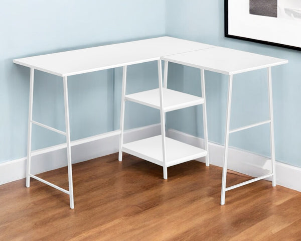 Homeroots 42" White Wood & Metal Corner Trestle Computer Desk - Stylish Space-saving Design For Home Office   489994