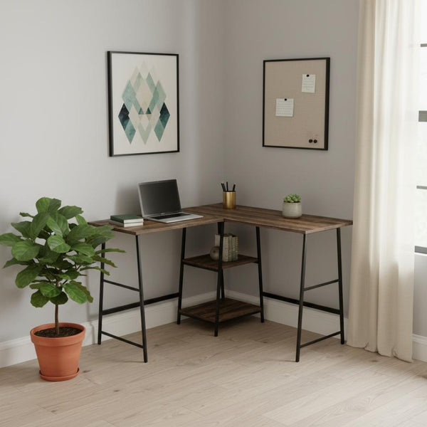 HomeRoots 42" Corner Trestle Computer Desk - Rustic Reclaimed Wood & Metal Design for Stylish Home Office Space 489995