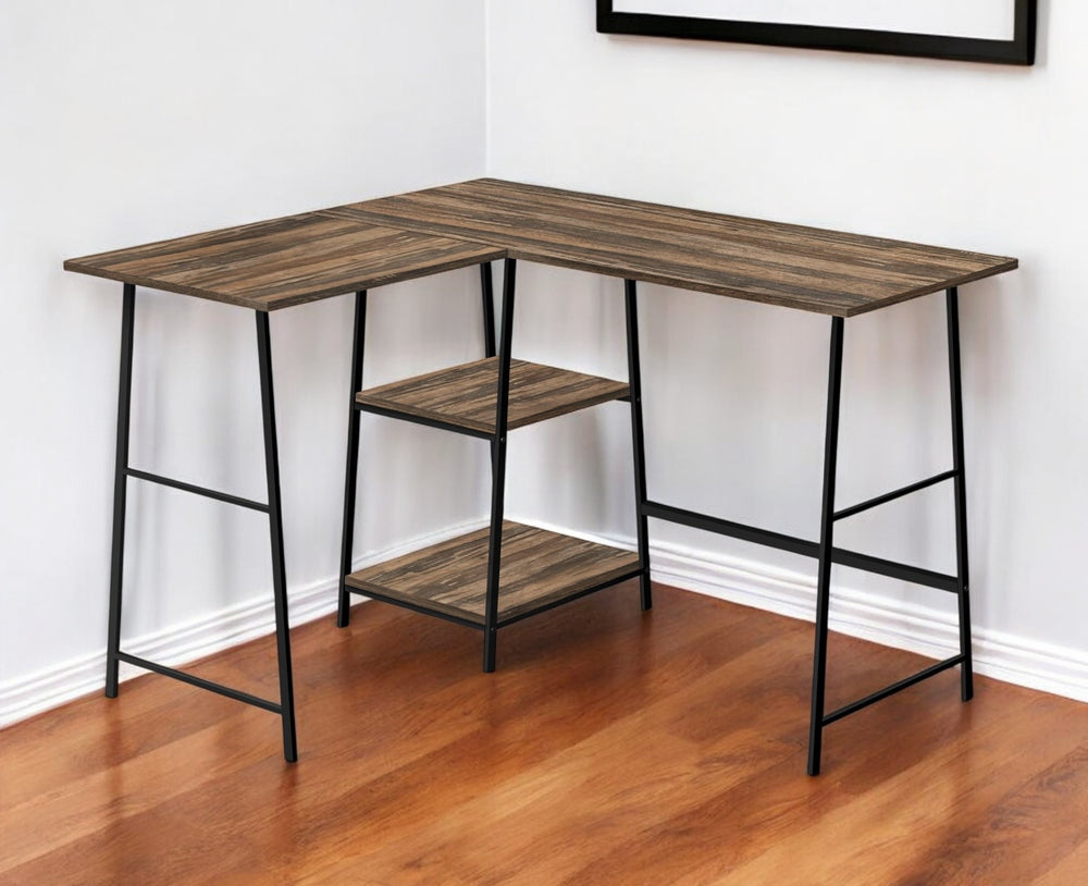 Homeroots 42" Stylish Brown And Black Reclaimed Wood Corner Trestle Desk - Perfect For Home Office Spaces!   489995