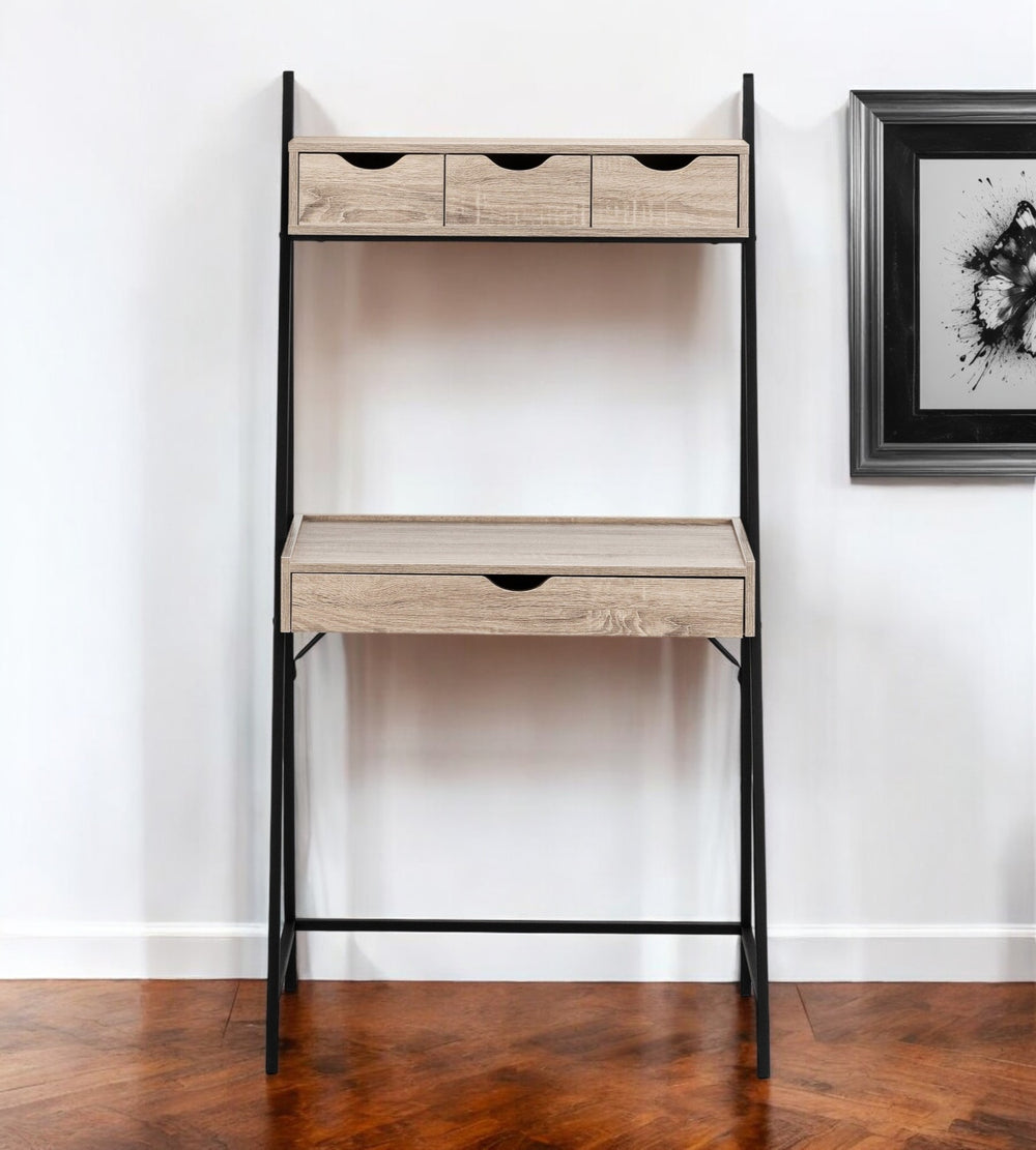 Homeroots 32" Taupe And Black Wood And Metal Sled Desk - Stylish 4-drawer Office Solution For Comfort & Efficiency   489996