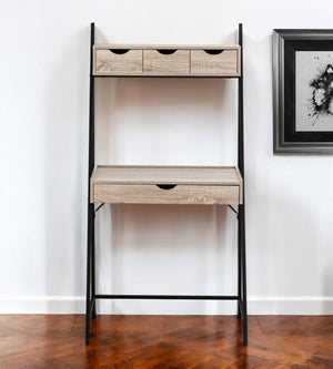 Homeroots 32" Taupe And Black Wood And Metal Sled Desk - Stylish 4-drawer Office Solution For Comfort & Efficiency   489996