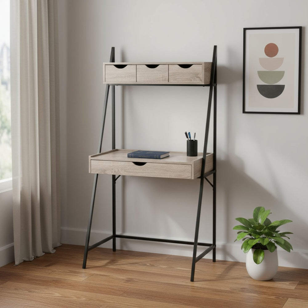 HomeRoots 32" Modern Taupe and Black Sled Computer Desk with Four Drawers for Stylish Home Office Organization 489996