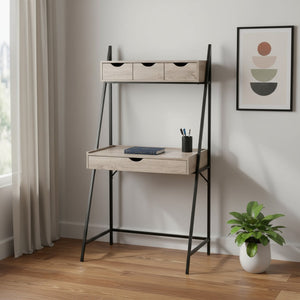 HomeRoots 32" Modern Taupe and Black Sled Computer Desk with Four Drawers for Stylish Home Office Organization 489996