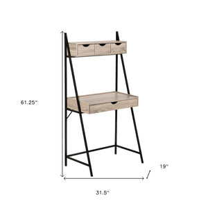 Homeroots 32" Taupe And Black Wood And Metal Sled Desk - Stylish 4-drawer Office Solution For Comfort & Efficiency   489996