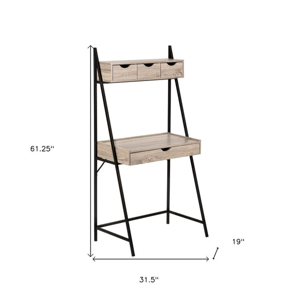 Homeroots 32" Taupe And Black Wood And Metal Sled Desk - Stylish 4-drawer Office Solution For Comfort & Efficiency   489996