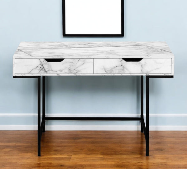 Homeroots 47" Stylish White And Black H-shape Computer Desk With Sturdy Metal Frame And Two Hidden Drawers   489998