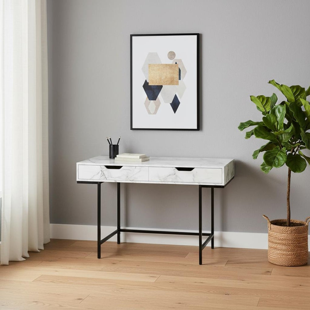 HomeRoots 47" Sleek White and Black H-Shape Computer Desk with 2 Drawers for Modern Home Office Style 489998