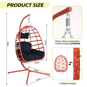 English Elm Egg Hanging Chair with Stand Pe Rattan Swing Seat Washable Cushion Patio Bedroom T5880P497443