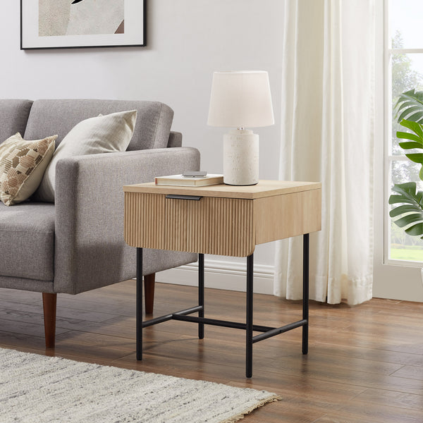 English Elm Walker Edison - Modern Fluted-Door Coastal Oak Side Table with Warp-Resistant MDF, Metal Base & Minimalist Flair B185P168972