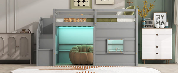 English Elm Twin Loft Bed Pinewood Frame with Storage Staircase Led Lighting and Window Cutout Gray GX000436AAE