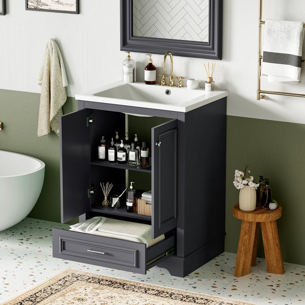 English Elm 24'' Bathroom Vanity with Ceramic Sink Combo Modern Freestanding MDF Cabinet with Soft-Close Doors and Sleek Silver Handles for Spacious Organized Bathroom Storage Blue Gray N710P194893C