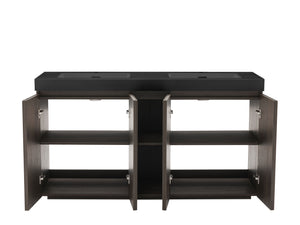 English Elm Galan60F" Smoked Oak Freestanding Bathroom Vanity With Soft-Close Doors & Sleek Black Sink Basin W1865S00154