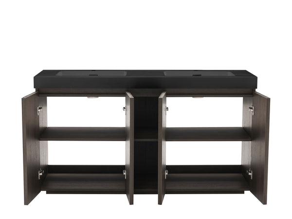 English Elm Galan60F" Smoked Oak Freestanding Bathroom Vanity With Soft-Close Doors & Sleek Black Sink Basin W1865S00154