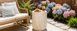 English Elm U_style Mgo Cylinder Accent Table Wave Ribbed Concrete Look Patio or Indoor Plant Stand Beige,Yellow N711P422078K