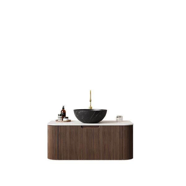 English Elm Dina Floating Bathroom Vanity Sintered Stone Top Glass Basin Striped Plywood Cabinet W2615S00427