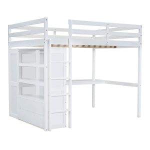 English Elm Wood Full Size Loft Bed with Built-In Desk, Wardrobe, Shelves & Drawers for Space-Saving Rooms White GX000466AAK