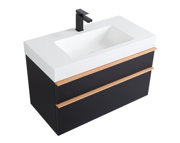 English Elm VELA 36 Inch Wall Mounted Bathroom Vanity with Integrated Acrylic Sink, Dual Wood Handles, Soft-Close Drawers, Matte Finish Black W3235P327618