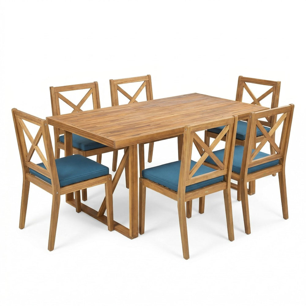 English Elm 7 Piece Acacia Wood Outdoor Dining Set Teak Finish Six High Back Chairs Patio N762S000043AAC