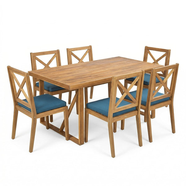 English Elm 7 Piece Acacia Wood Outdoor Dining Set Teak Finish Six High Back Chairs Patio N762S000043AAC
