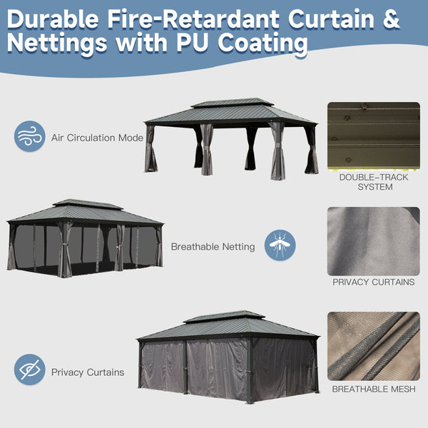 English Elm 14' X 20' Hardtop Gazebo With Steel Roof & Aluminum Frame – Stylish Outdoor Canopy For All Seasons W1859S00165