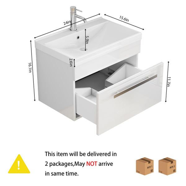 English Elm 24-Inch Bathroom Vanity With Sink Combo - Modern Wall-Mount Design, Soft-Close Drawer & Glossy Finish W3151S00059