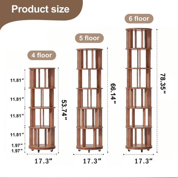 English Elm 100%solid Rubberwood Rotating Tower Bookcase with Locking Wheels 4 Tier Round Shelf W2987P337932