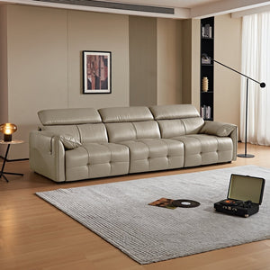 English Elm Genuine Top-grain Leather Three-seat Sofa with Reclining Backrests and Center Storage Beige White W1765S00132