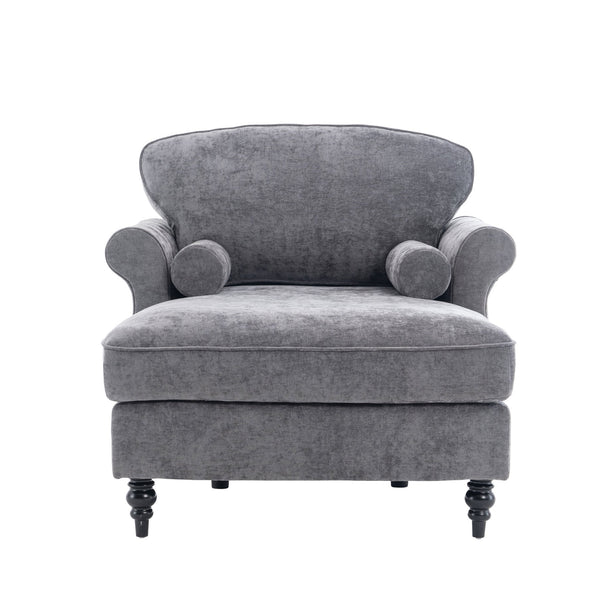 English Elm [New] Oversized Chaise Lounge Indoor Chenille Sleeper Recliner Armchair with Wide Foam Seat & Pillows DARK GREY W2363S00085