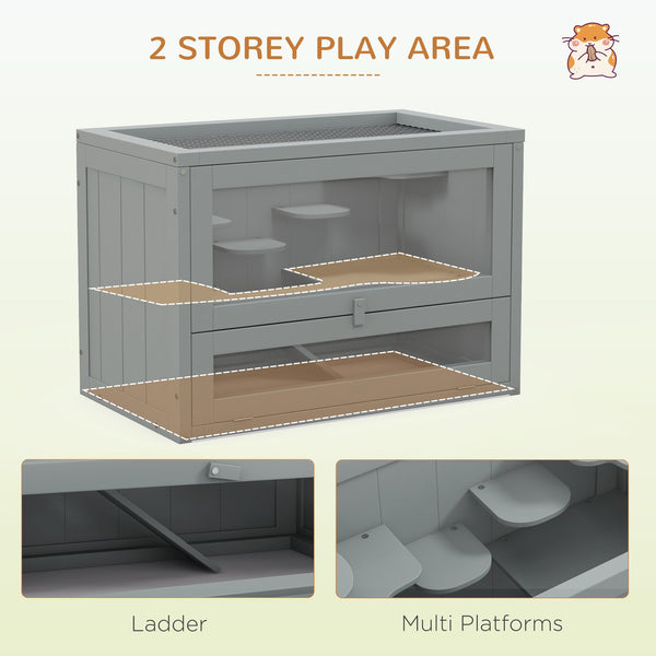 English Elm PawHut Wooden 2-Level Small Animal Habitat for Hamsters Mice Gerbils Guinea Pigs with Ramp and Ventilated Top Grey W2225P200495