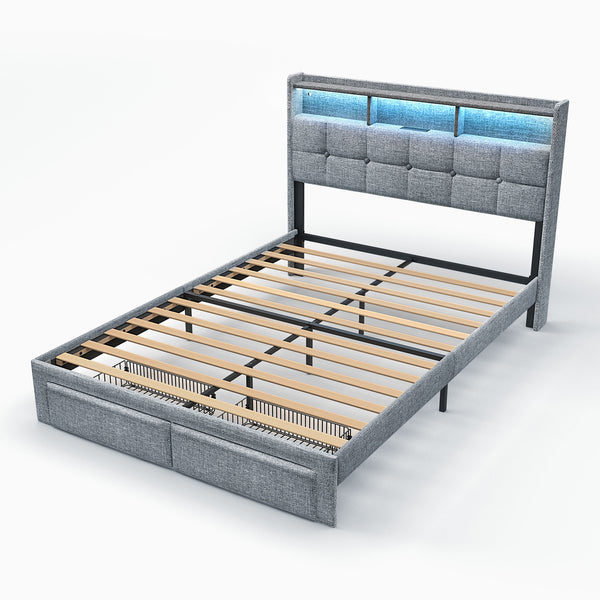 English Elm Queen LED Linen Platform Bed with USB-C/A Charging, 2 Drawers, Memory Foam Headboard, Light Gray W1550P190365