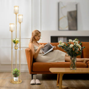 English Elm Gold Crystal Floor Lamp with Dual Shelves, Brass Mid-Century Standing Light, Foot Switch, 66" Tall W2738P400603