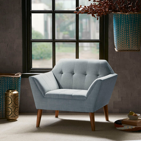 JLA Home INK+IVY - Wide Sculptural Mid-Century Lounge Chair with Hand-Tufted Detail, Durable Woven Upholstery, Solid Wood Legs Light Blue II100-0382