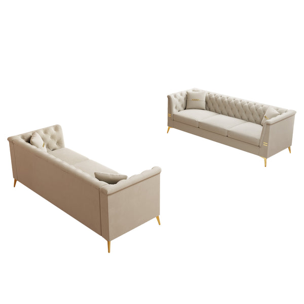 English Elm FX-P83-2PC Velvet Sofa Set of 2, Cream White 3-Seaters with Tufted Cushions & Gold Legs — Cozy Durable Elegance for Living Rooms W576S00237