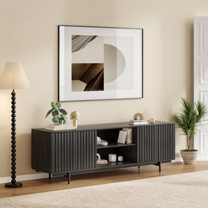 English Elm Modern Low Profile Media Console with Open Shelving and Concealed Cabinet Storage Black T3623P434816