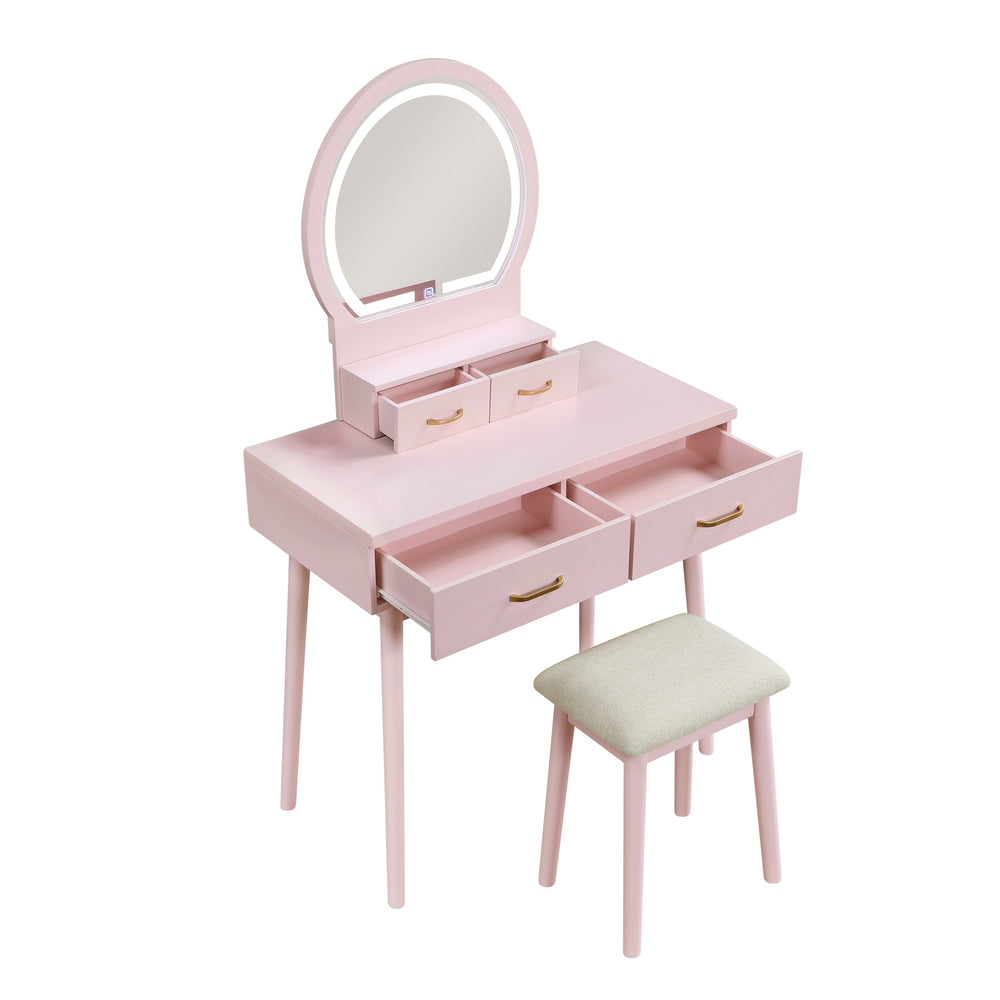 English Elm Beautiful Pink Vanity Set with Mirror & Stool, Storage Drawers, Elegant Bedroom Makeup Station B011P300057