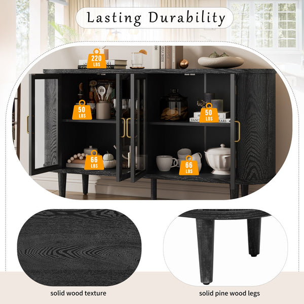 English Elm TREXM Modern Farmhouse Sideboard Cabinet with Fluted Panels, Tempered Glass Doors & Adjustable Shelves Black N715P264923B
