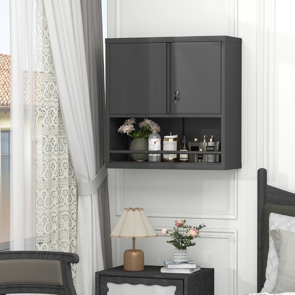English Elm Metal Wall Mounted Steel Cabinet Lockable Doors Adjustable Shelves Kitchen Office Storage Black T3625P366858