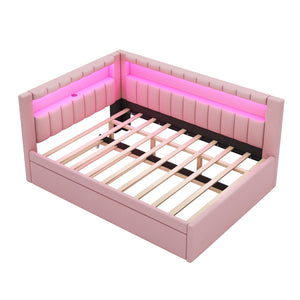 English Elm Upholstered Full Platform Bed with Trundle, Built-In USB Ports & LED Accent, Linen Upholstery Pink DL001925AAH