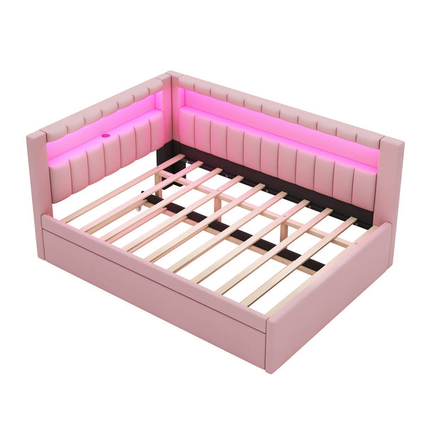 English Elm Upholstered Full Platform Bed with Trundle, Built-In USB Ports & LED Accent, Linen Upholstery Pink DL001925AAH